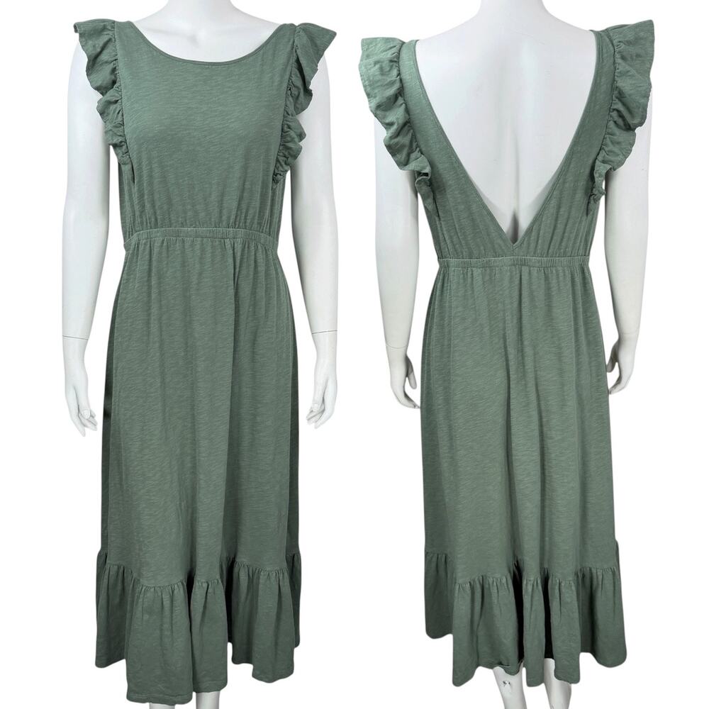 ba&sh Lady Dress US 8 Ruffle Green Deep V Back Cottage Slub Knit Cotton Flutter